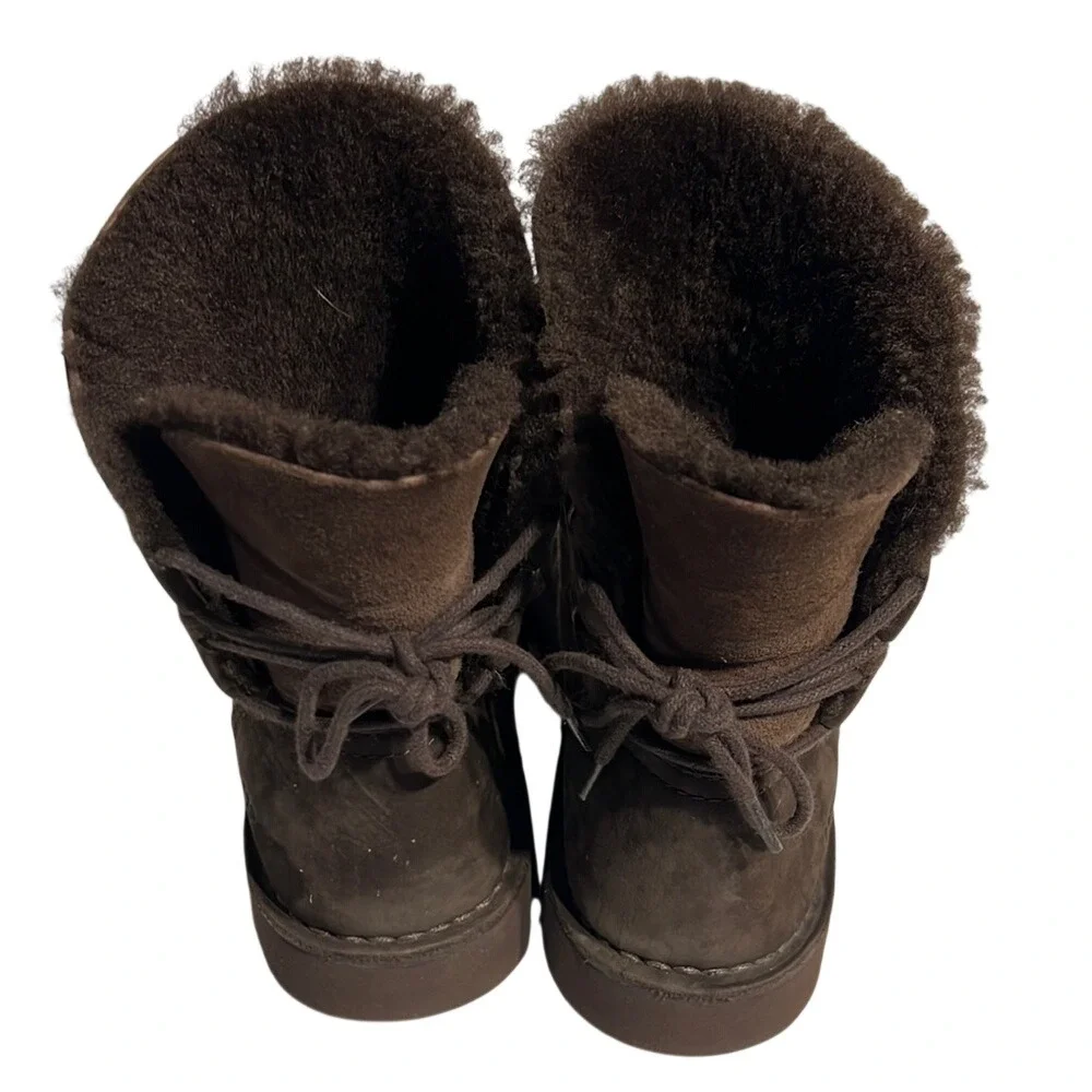 UGG Brown‎ Leather Suede Shearling Back Tie Mid Calf Boots Womens 7 1005430